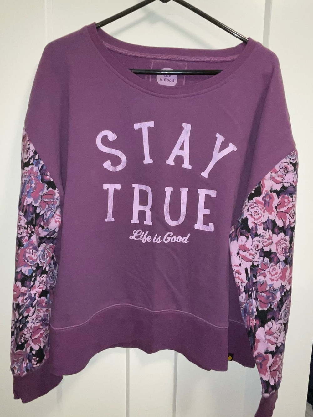 Life is Good Purple "Stay True" Floral Sleeve Sweatshirt